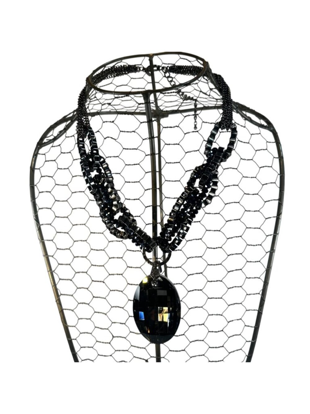 Vintage Chicos Black Multi-Strand Beaded Necklace With Large Faceted Pendant Rhi
